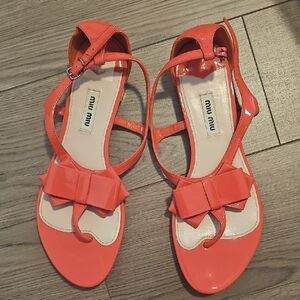 Miu Miu Coral-Red Patent Bow T-Strap Sandals